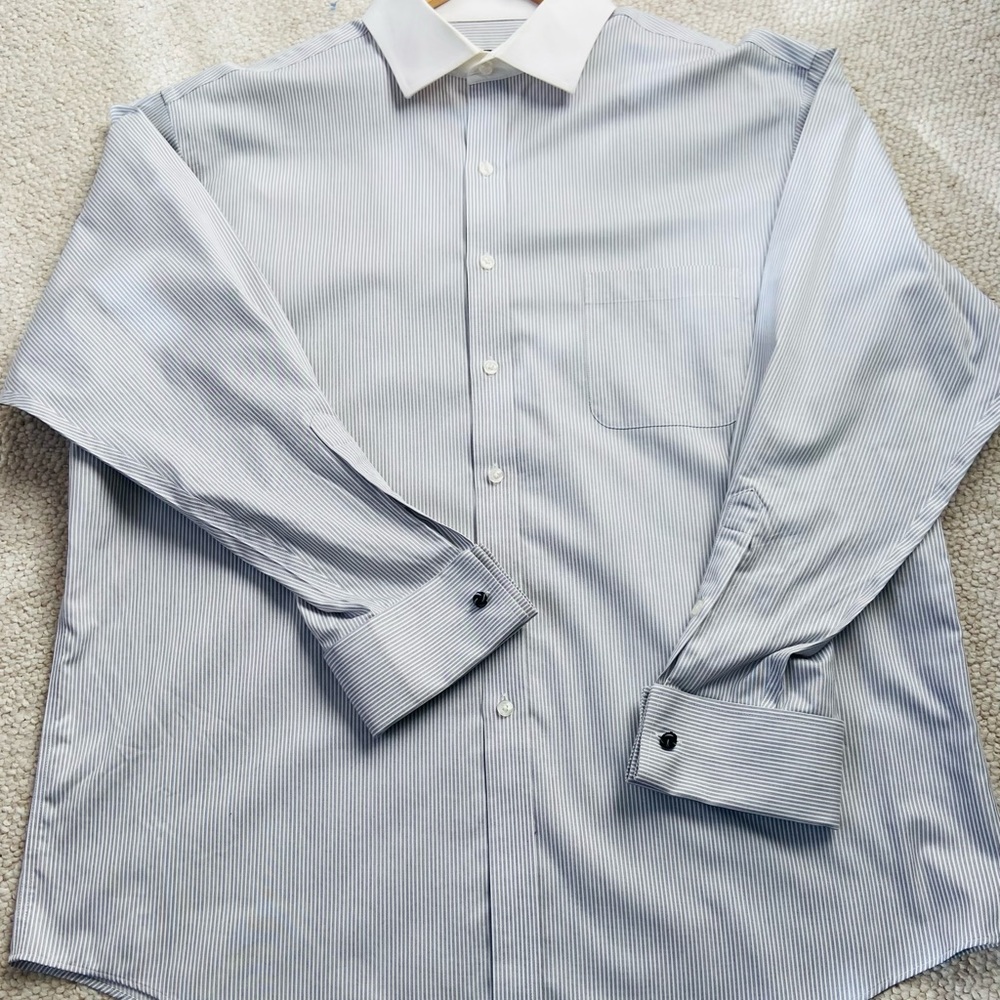 Tasso Elba Gray & White Stripe Button Up L/S French Cuff Shirt Men’s XL 17-17.5